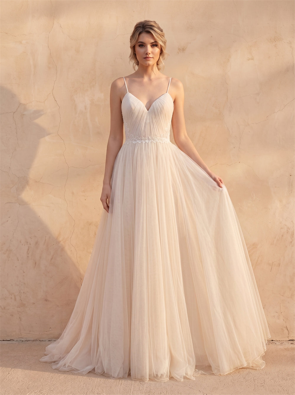 Minimalist Blush Tulle Wedding Dress With Pleated Lace Spaghetti Strap & Corset Back