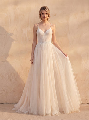 Minimalist Blush Tulle Wedding Dress With Pleated Lace Spaghetti Strap & Corset Back