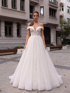 Off The Shoulder Deep V Lace Tulle Wedding Dress Low Open Back Bridal Gown