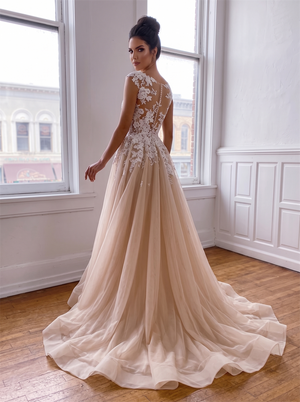 Illusion Cap Sleeve Lace Tulle A Line Wedding Dress Champagne Lining Vertical Pearl Button Back Bridal Gown