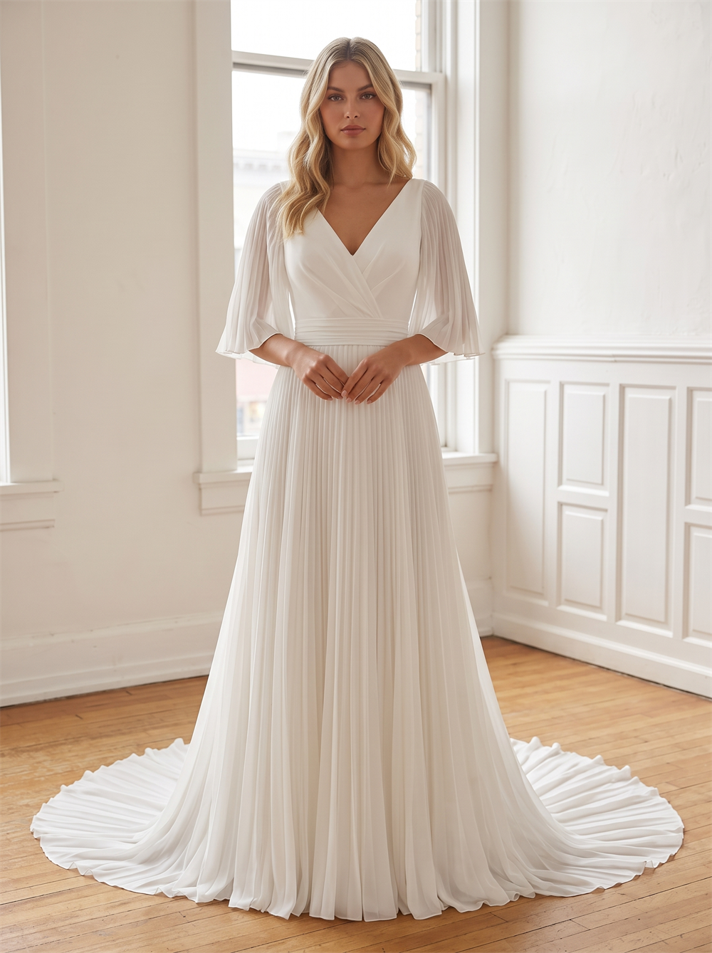 V Neck Pleated Chiffon A Line Wedding Dress Elbow Flutter Sleeve Open Back Thin Tie Bridal Gown