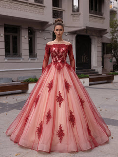 Off The Shoulder Long Sleeve Burgundy Lace Ball Gown Quinceanera Dress Corset Back Tulle Evening Gown