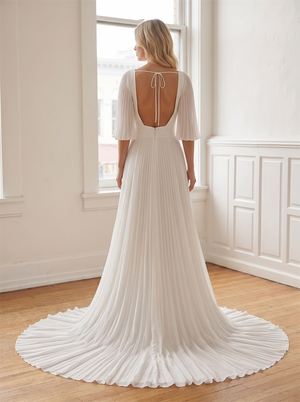 V Neck Pleated Chiffon A Line Wedding Dress Elbow Flutter Sleeve Open Back Thin Tie Bridal Gown
