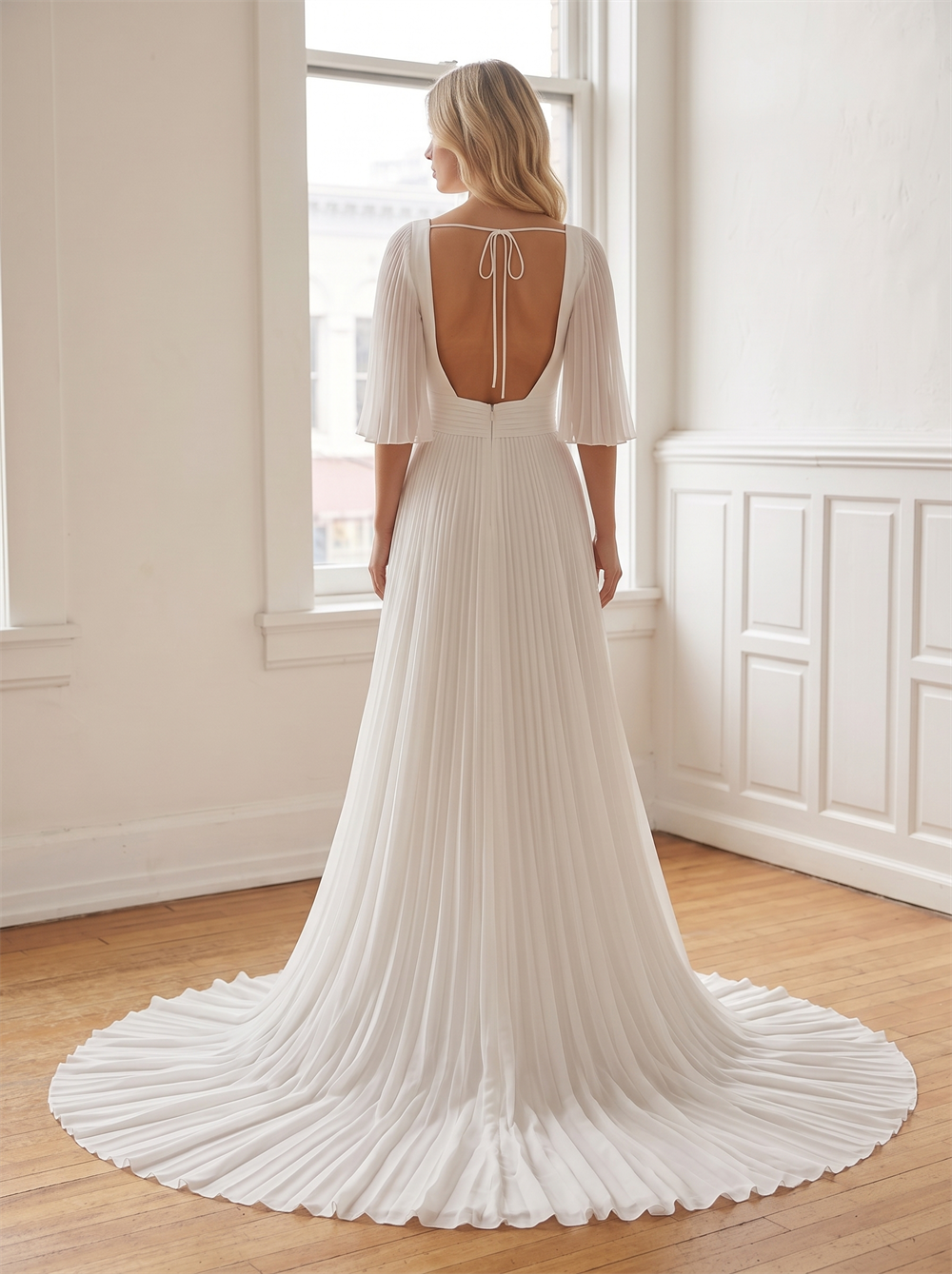 V Neck Pleated Chiffon A Line Wedding Dress Elbow Flutter Sleeve Open Back Thin Tie Bridal Gown