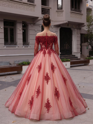 Off The Shoulder Long Sleeve Burgundy Lace Ball Gown Quinceanera Dress Corset Back Tulle Evening Gown