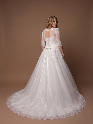 Plus Size Curvy Wedding Dress With Floral Lace Three Quarter Sleeves & Lace-Up Keyhole Back