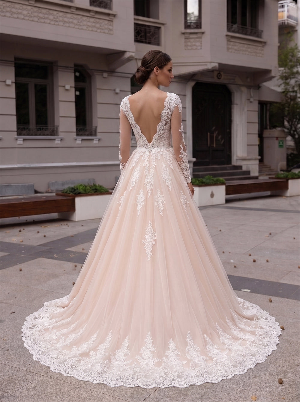 Long Sleeve V Neck Lace Champagne Tulle Wedding Dress Low V Back Ball Gowns Bridal Gown