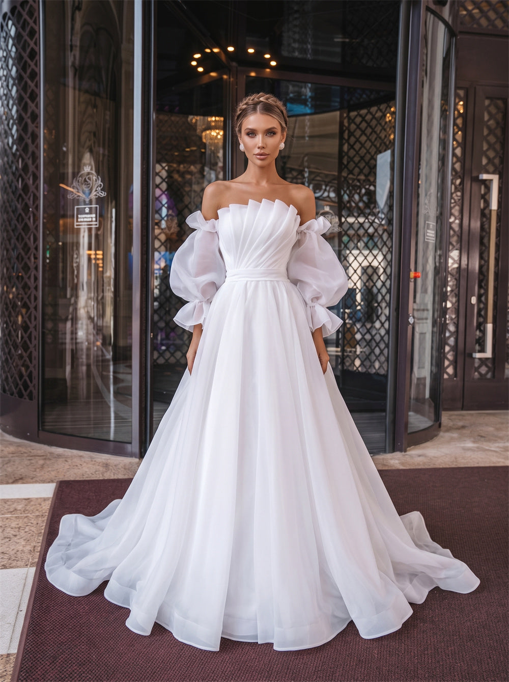 Off Shoulder Puff Sleeve Pleated Bodice Zipper Back Organza A Line Wedding Dress Bridal Dress