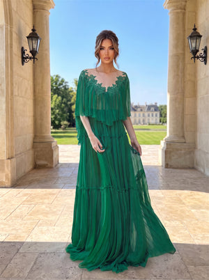 Prom Dress Floral Lace Illusion Back Cape Sleeve Pleated Tiered Emerald Green Tulle Floor Length Formal Gown