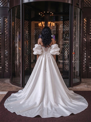 Off Shoulder Puff Sleeve Crystal Sash Lace Up Back Detachable Over Skirt Mermaid Satin Wedding Dress Bridal Dress