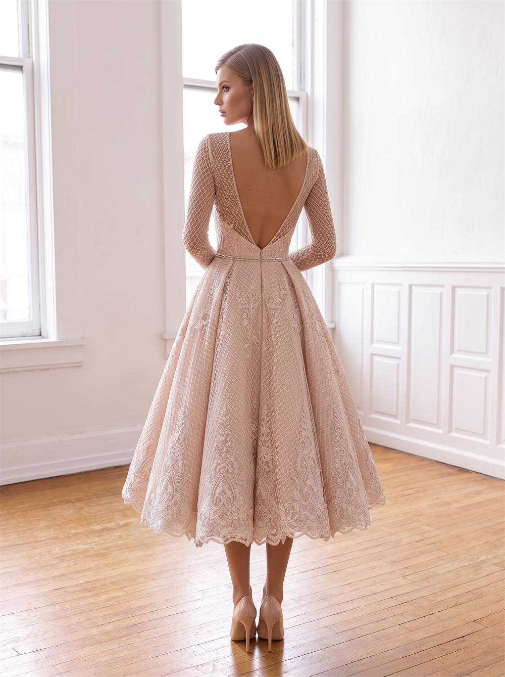 Long Sleeve Illusion Mesh Midi Wedding Guest Dress Blush Lace Tea Length Formal Gown Deep V Back Rhinestone Waist Belt