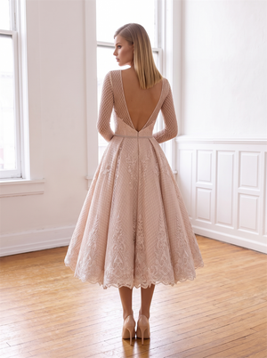 Long Sleeve Illusion Mesh Midi Wedding Guest Dress Blush Lace Tea Length Formal Gown Deep V Back Rhinestone Waist Belt