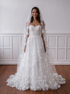 Strapless Ruched 3D Floral Tulle Wedding Dress Matching Floral Bridal Veil Soft Romantic Bridal Gown