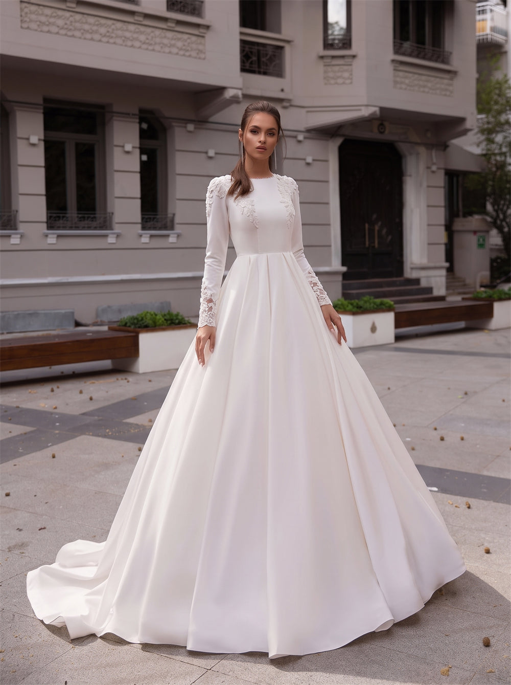 Long Sleeve Lace Applique Satin Wedding Dress Round Neck Vertical Button Bridal Gown