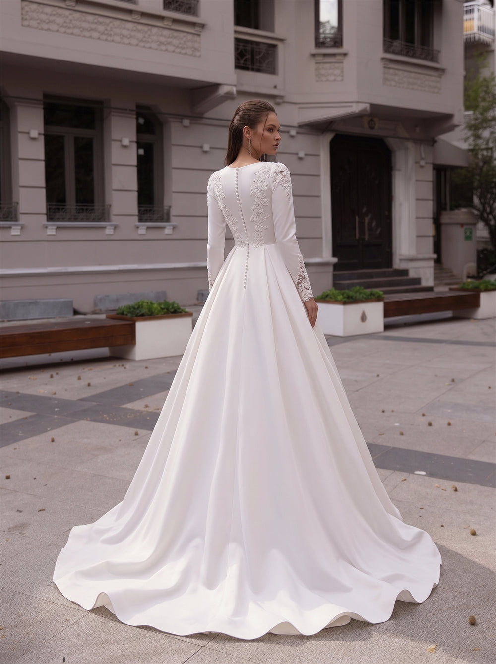 Long Sleeve Lace Applique Satin Wedding Dress Round Neck Vertical Button Bridal Gown