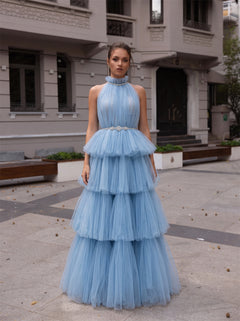 Halter Neck Rhinestone Light Blue Tiered Tulle Prom Dress Lace Up Back Evening Gown