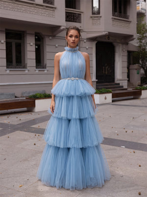 Halter Neck Rhinestone Light Blue Tiered Tulle Prom Dress Lace Up Back Evening Gown