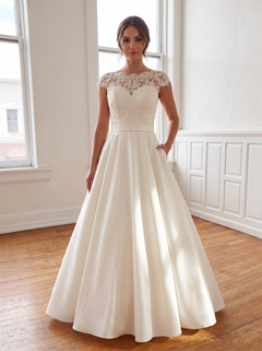 Illusion Lace Cap Sleeve Satin A Line Wedding Dress Boat Neck Back Bow Pockets Classic Bridal Gown