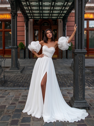 Off The Shoulder Detachable Puff Bubble Sleeve High Slit Wedding Dress Rhinestone Waist Lace-Up Corset Back Bridal Gown