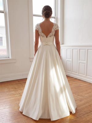 Illusion Lace Cap Sleeve Satin A Line Wedding Dress Boat Neck Back Bow Pockets Classic Bridal Gown