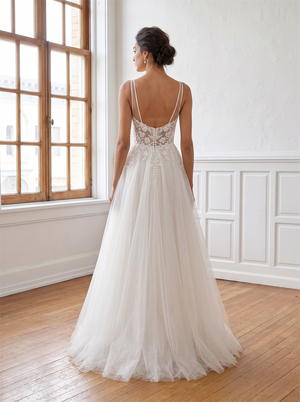 Rhinestone Thin Strap V Neck Lace Tulle A Line Wedding Dress Floral Lace Bodice Vertical Pearl Button Back Bridal Gown