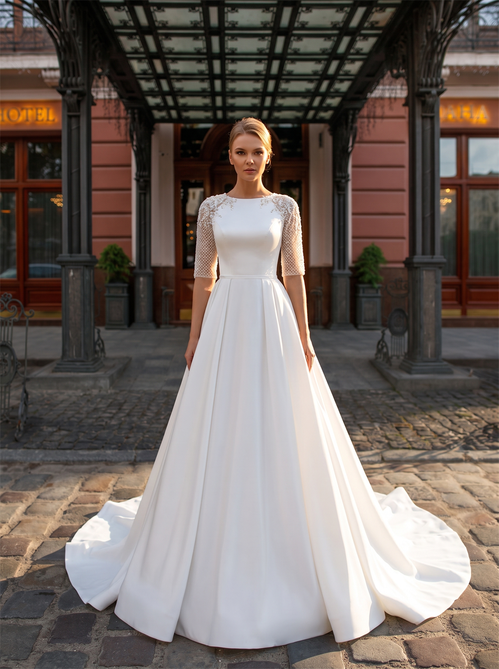 Modest Round Neck Elbow Length Lace Sleeve Matte Satin A Line Wedding Dress Keyhole Open Back Bridal Gown