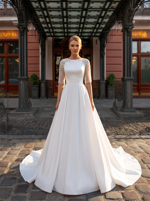 Modest Round Neck Elbow Length Lace Sleeve Matte Satin A Line Wedding Dress Keyhole Open Back Bridal Gown