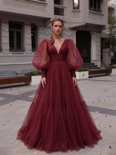 Puff Long Sleeve Deep V Burgundy Tiered Tulle Prom Dress Corset Back Evening Gown