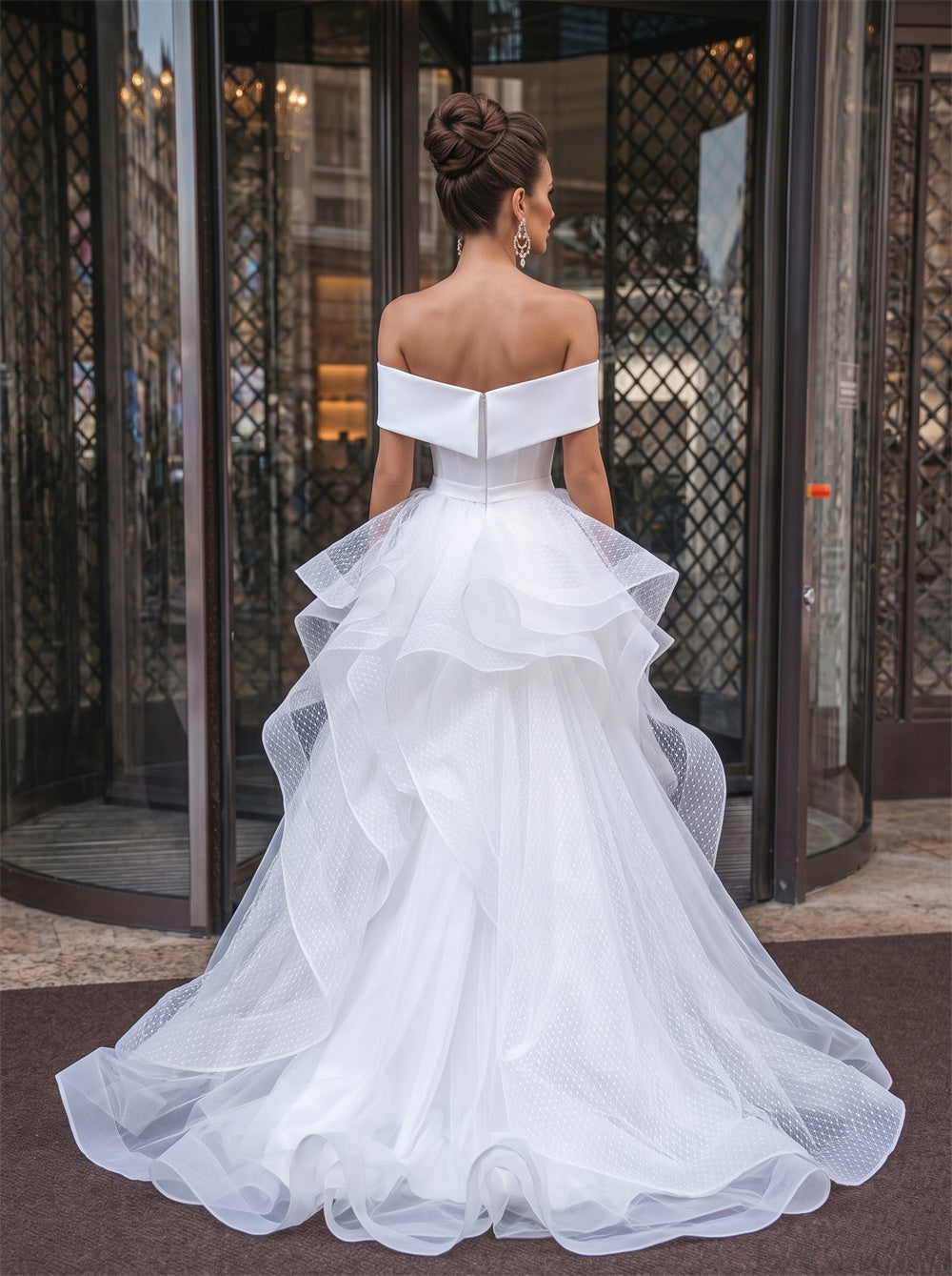 Off Shoulder V Cut Zipper Back Ruffle Tulle Mermaid Satin Wedding Dress Bridal Dress