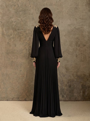 Prom Dress Low V Back Gold Floral Applique Cuff Shoulder Detail Pleated Maxi Evening Dress