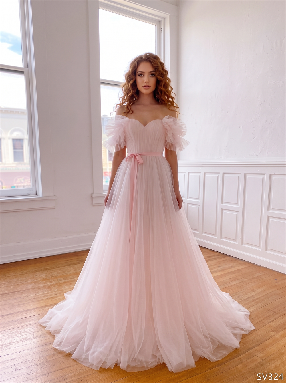 Off Shoulder Ruffle Tulle Prom Dress Blush Sweetheart Corset Lace Up Back Sash Bow A Line Long Evening Gown