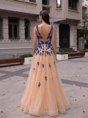 Prom Dress Spaghetti Straps Blue Lace Applique Tulle A Line Long Gown