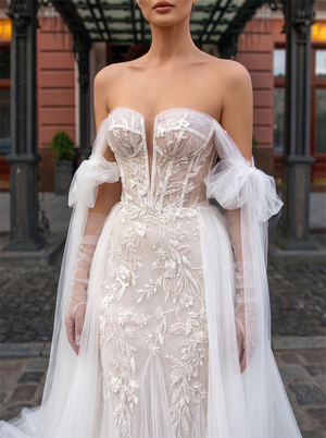 Off The Shoulder Bow Tulle Lace Mermaid Wedding Dress Oversized Tulle Overlayer Skirt Bridal Gown