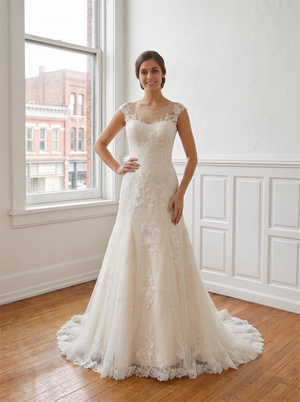 Illusion Cap Sleeve Lace Mermaid Wedding Dress Pearl Button Champagne Lining Tulle Bridal Gown
