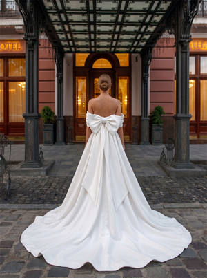 Off The Shoulder Matte Satin Ball Gown Wedding Dress Oversized Big Bow Low Back Bridal Gown