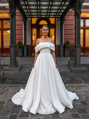 Off The Shoulder Matte Satin Ball Gown Wedding Dress Oversized Big Bow Low Back Bridal Gown