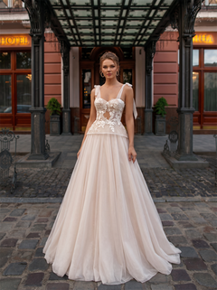 Spaghetti Strap Bow Sweetheart Cutout Lace Tulle Two Piece A Line Wedding Dress Lace-Up Corset Back Bridal Gown