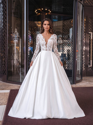 V Neck Long Lace Sleeves Deep V Back Pearl Button Satin Ball Gowns Wedding Dress Bridal Dress
