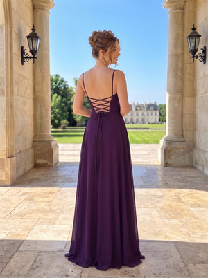 Thin Spaghetti Strap Sweetheart Chiffon Bridesmaid Dress Crisscross Lace-Up Corset Back Floor Length Purple Formal Wedding Guest Evening Gown