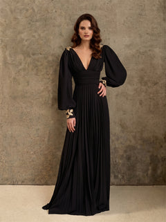 Prom Dress Low V Back Gold Floral Applique Cuff Shoulder Detail Pleated Maxi Evening Dress