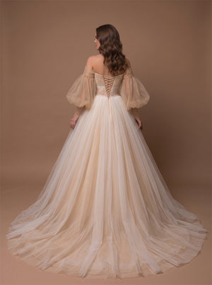 Off Shoulder Puff Sleeve Champagne Tulle Wedding Dress Deep V Lace Waist Corset Back Ball Gown Long Train Bridal Dress