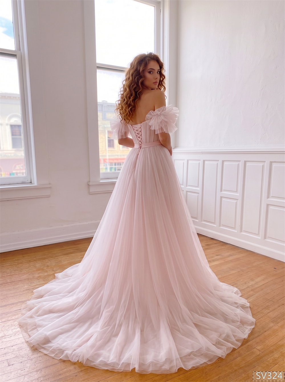 Off Shoulder Ruffle Tulle Prom Dress Blush Sweetheart Corset Lace Up Back Sash Bow A Line Long Evening Gown
