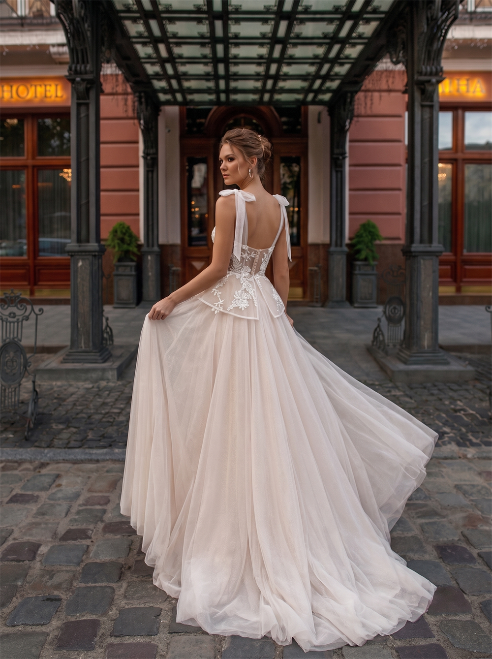 Spaghetti Strap Bow Sweetheart Cutout Lace Tulle Two Piece A Line Wedding Dress Lace-Up Corset Back Bridal Gown