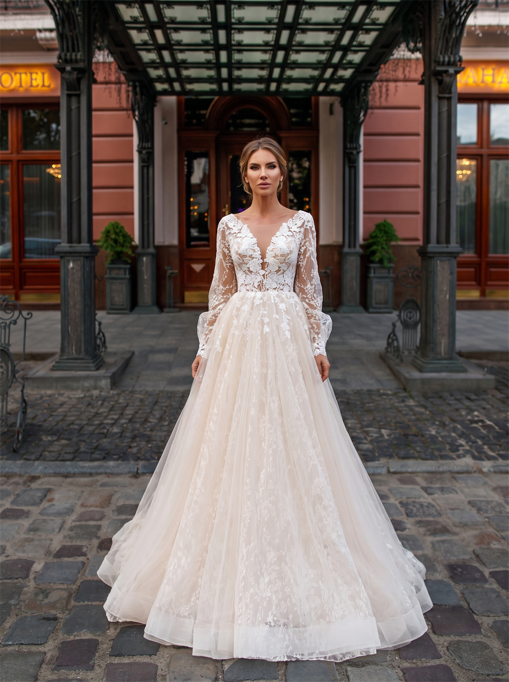 Long Sleeve Full Lace Plunge V Tulle A Line Wedding Dress Deep V Back Cathedral Train Romantic Bridal Gown
