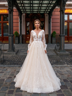 Long Sleeve Full Lace Plunge V Tulle A Line Wedding Dress Deep V Back Cathedral Train Romantic Bridal Gown