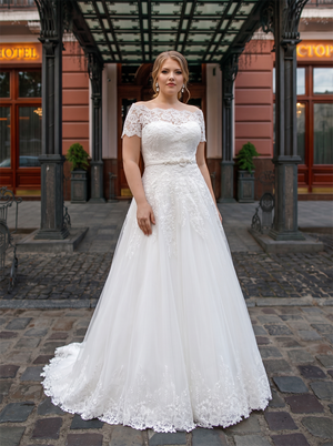 Off The Shoulder Short Lace Sleeve Tulle A Line Wedding Dress Keyhole Plus Size Bridal Gown