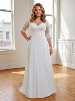 Plus Size V Neck 3/4 Lace Sleeve Chiffon A Line Wedding Dress Vertical Pearl Button Back Soft Bridal Gown