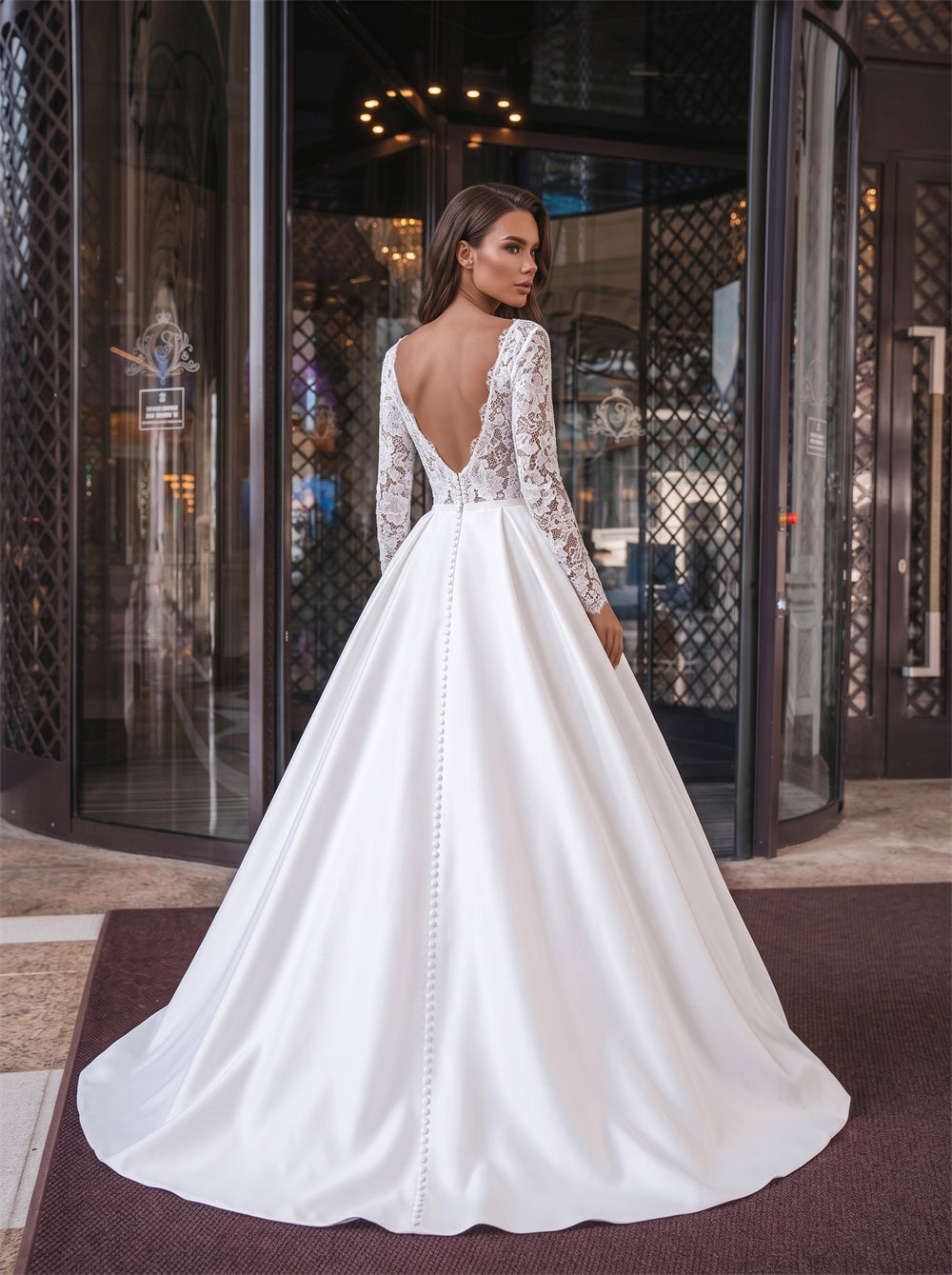 V Neck Long Lace Sleeves Deep V Back Pearl Button Satin Ball Gowns Wedding Dress Bridal Dress