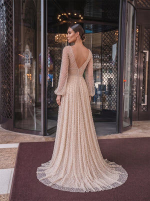 V Neck Puff Sleeve Pearl Beaded Deep V Back Tulle A Line Evening Dress