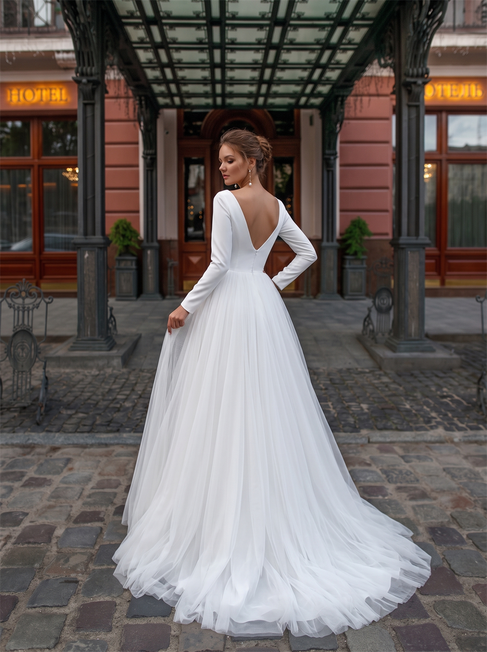 Bateau Neck Long Sleeve Satin Bodice Tulle A Line Wedding Dress Deep V Low Back Soft Clean Bridal Gown